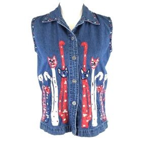 New Directions Vintage Women’s Denim Cat Lady Patriotic Sleeveless top Size M